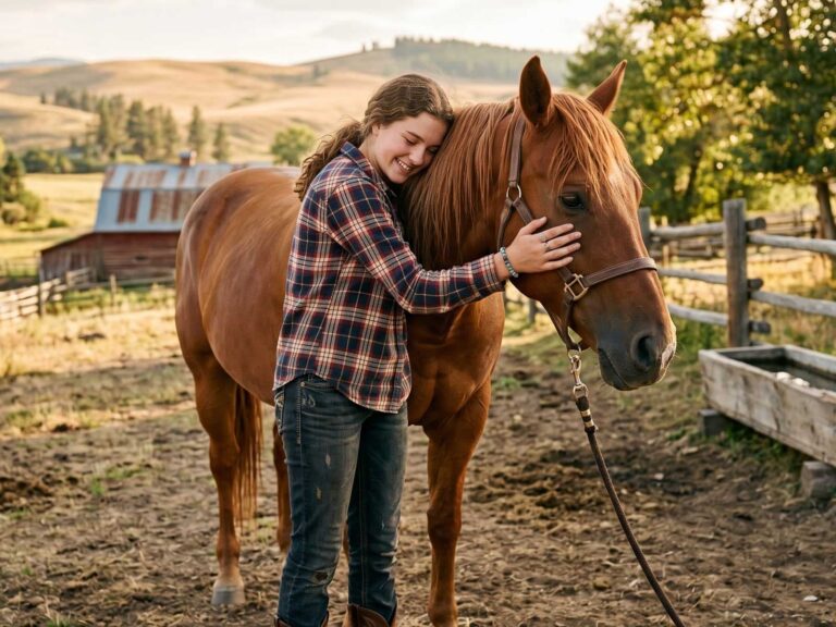 A girl pets a horse